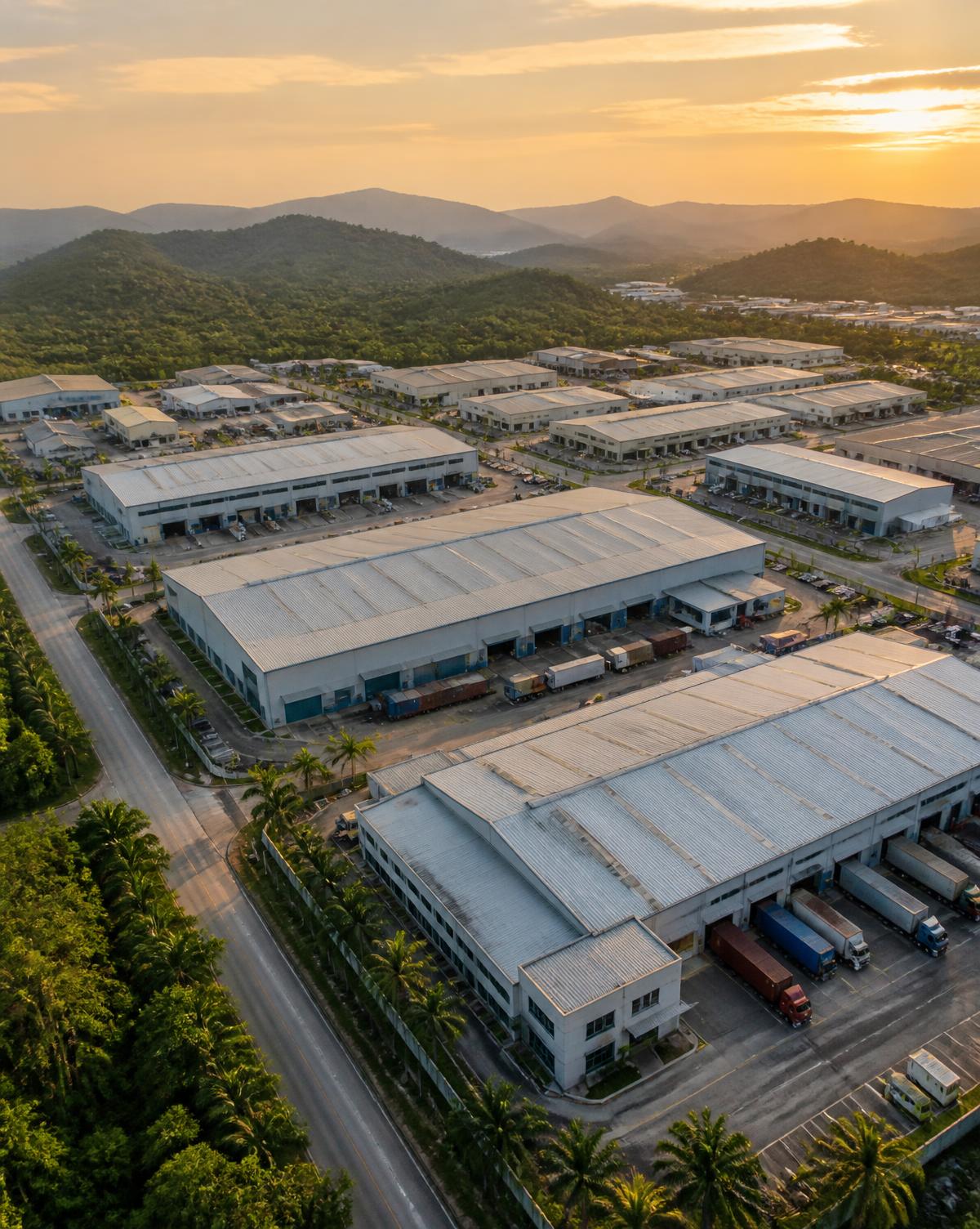 Aerial photograph of a Malaysian industrial estate with warehouses, loading bays and container trailers at golden hour